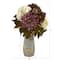 17" Peony, Hydrangea & Dahlia Arrangement in Gold Trimmed Stoneware Vase